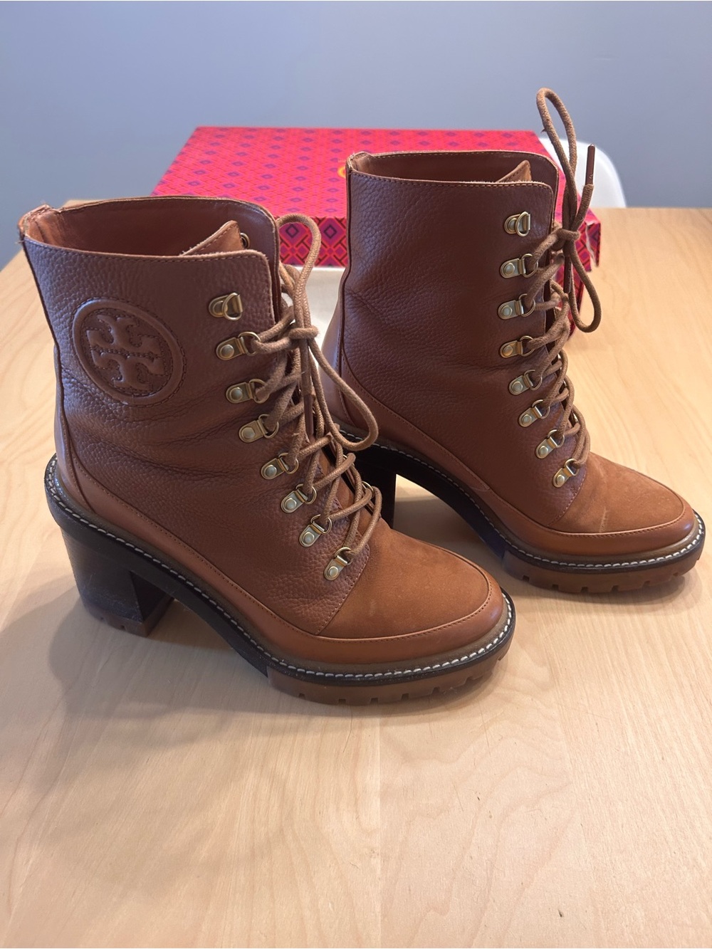 Tory Burch Cognac Leather Lace-Up Block Heel Boots